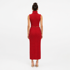 Red knit turtleneck vest and skirt set back view