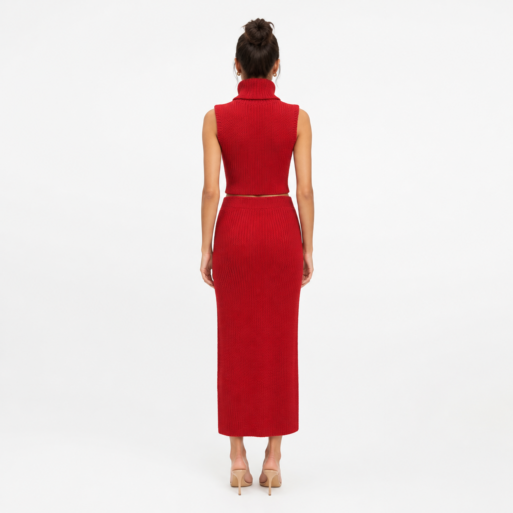 Red knit turtleneck vest and skirt set back view