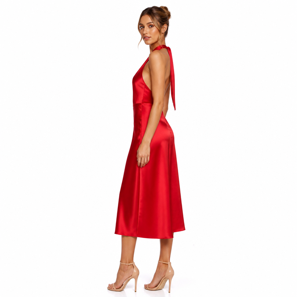 Red satin halter midi dress side view
