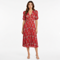 Red floral pleated V-neck puff-sleeve midi dress front view