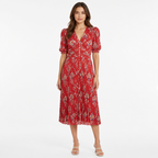Red floral pleated V-neck puff-sleeve midi dress front view
