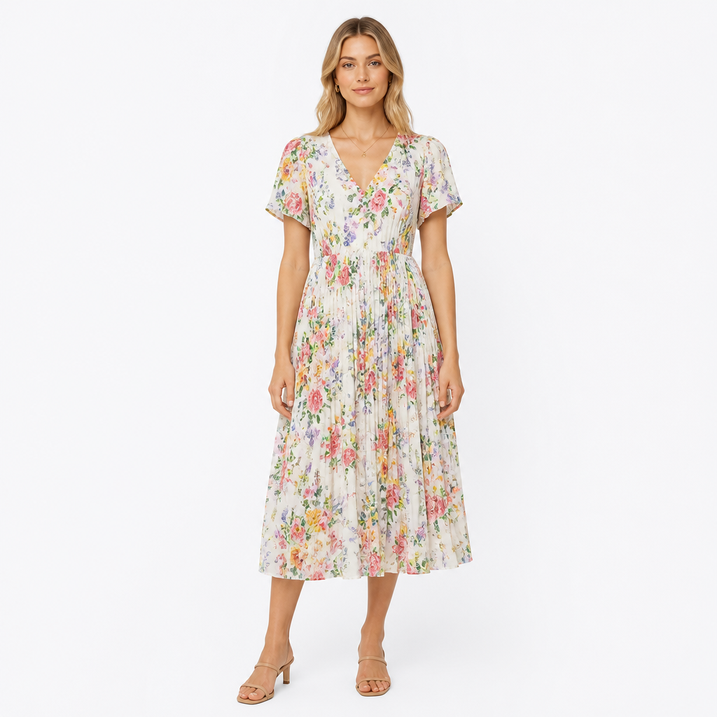 Ivory floral V-neck pleated short-sleeve midi dress front view