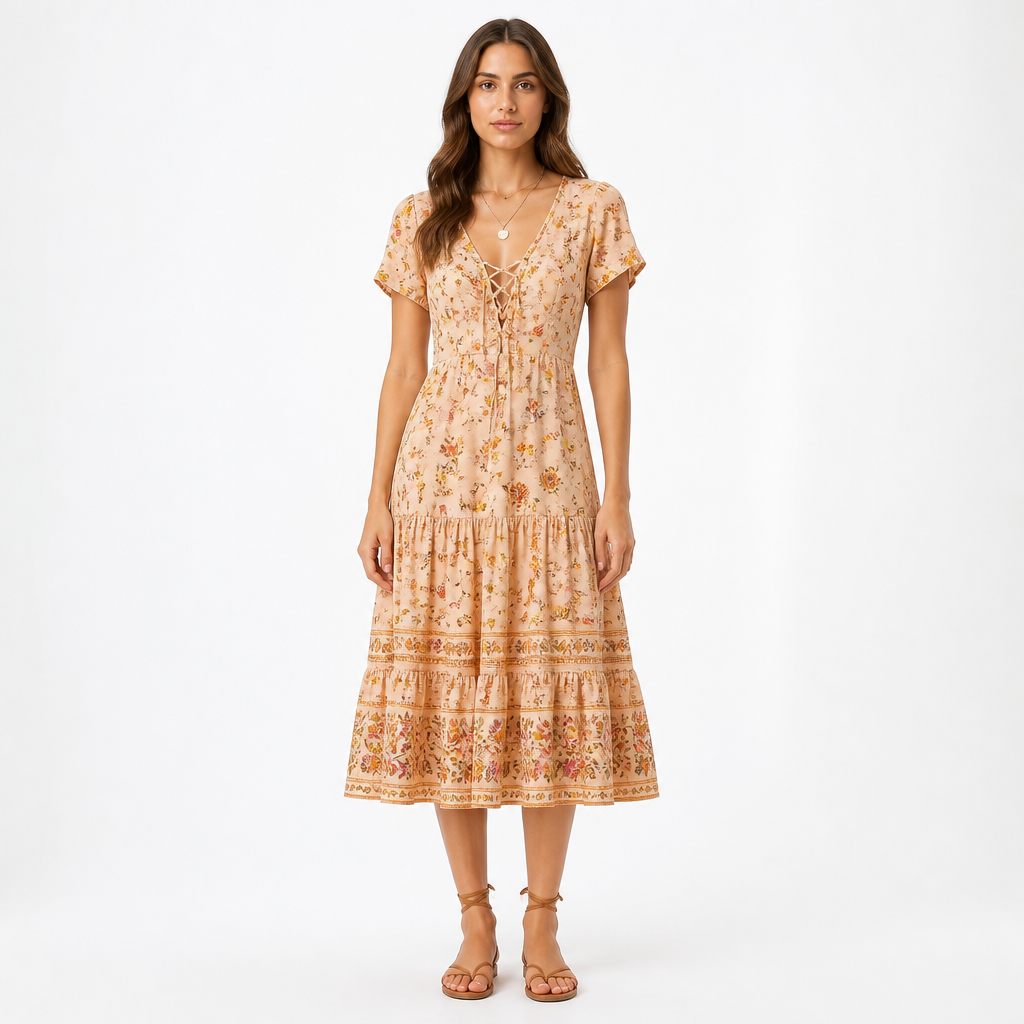 Apricot bohemian floral A-line lace-up midi dress front view