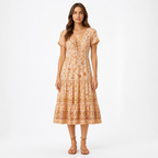 Apricot bohemian floral A-line lace-up midi dress front view