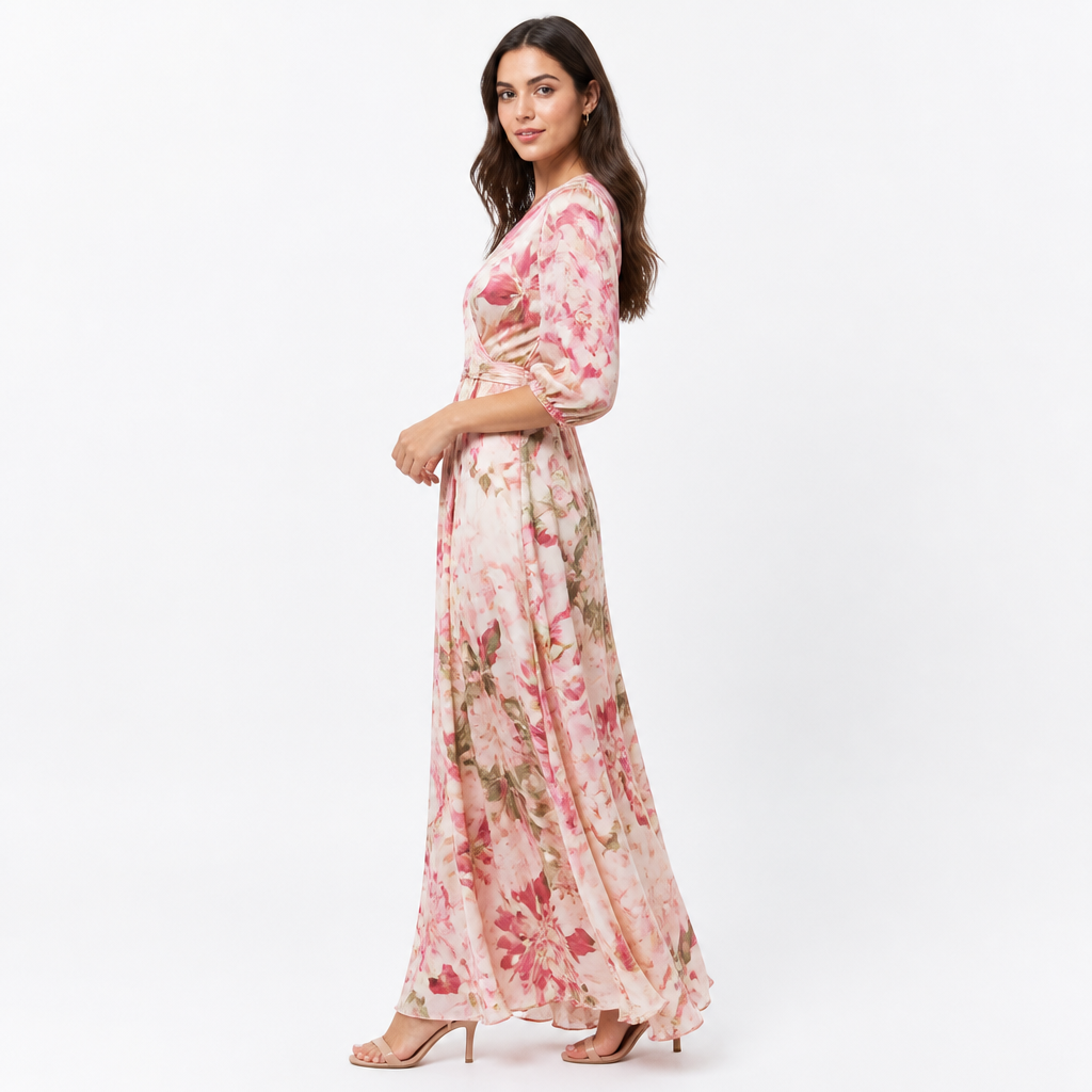 Floral silk-touch maxi dress side view