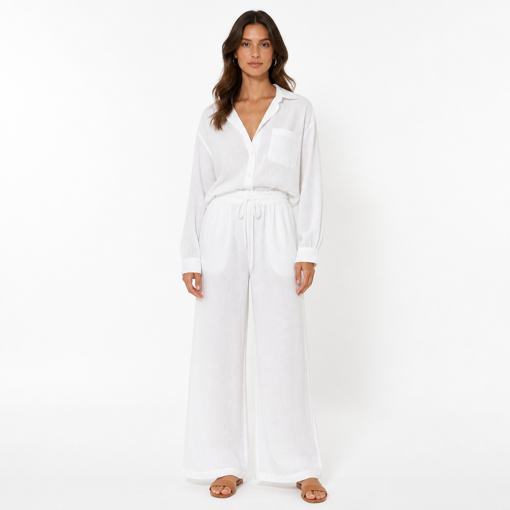White cotton linen lapel long-sleeve shirt and trouser two-piece set front view