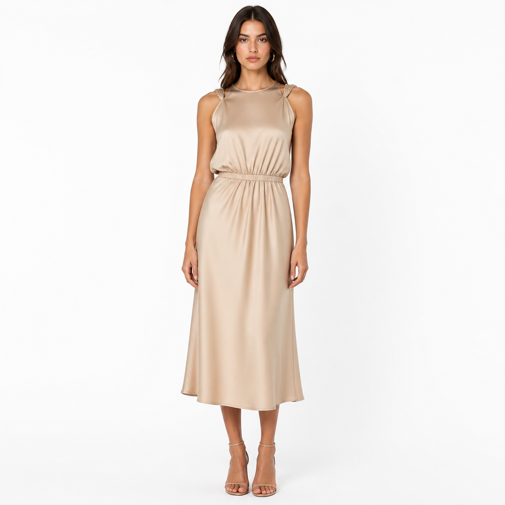 Beige satin O-neck twisted-armhole midi dress front view