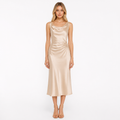 Champagne satin chic sleeveless midi dress front view