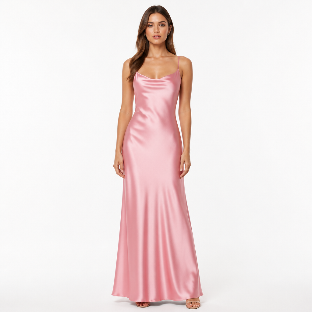 Pink satin maxi front