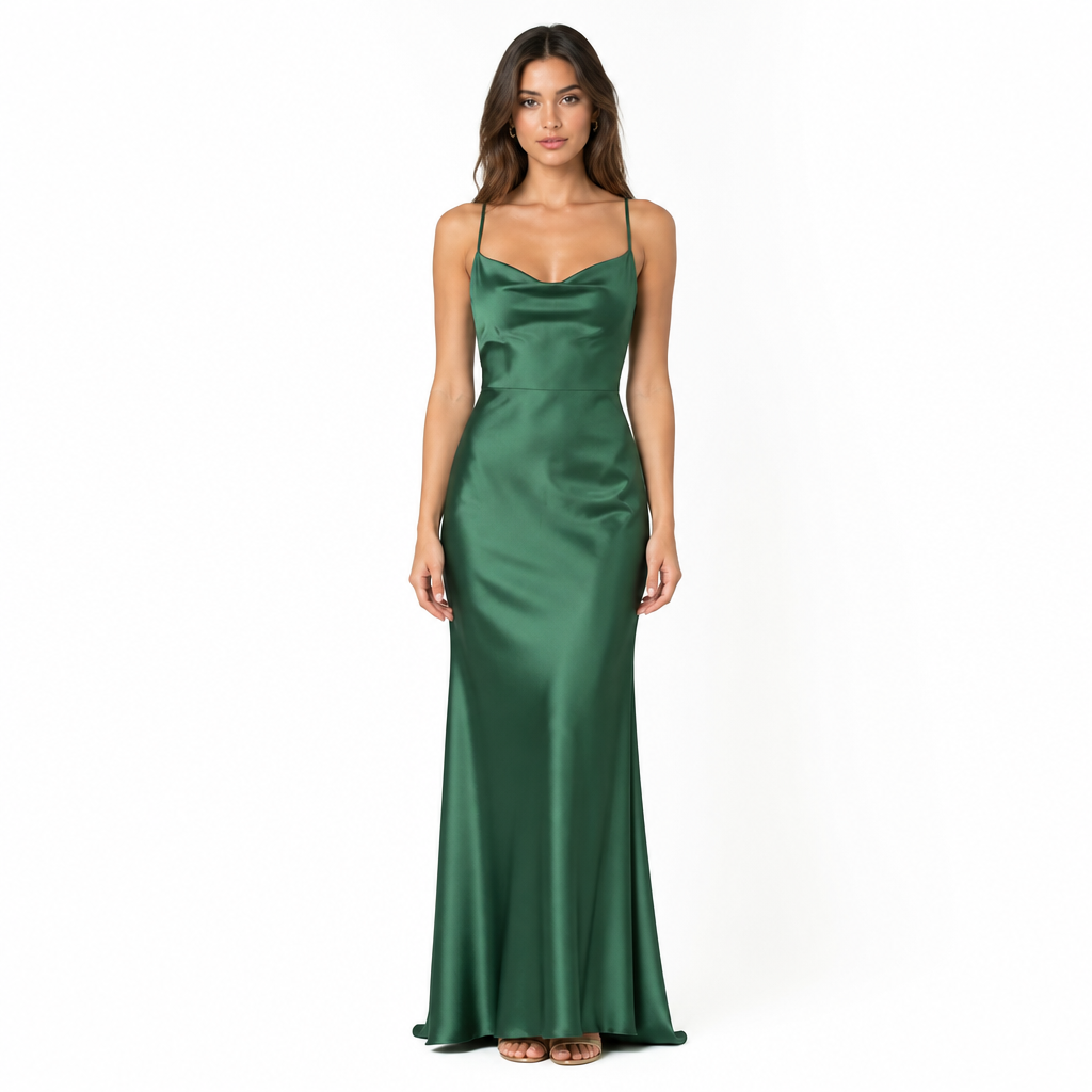 Green satin maxi front