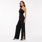 Black one-shoulder ruched wide-leg jumpsuit side view