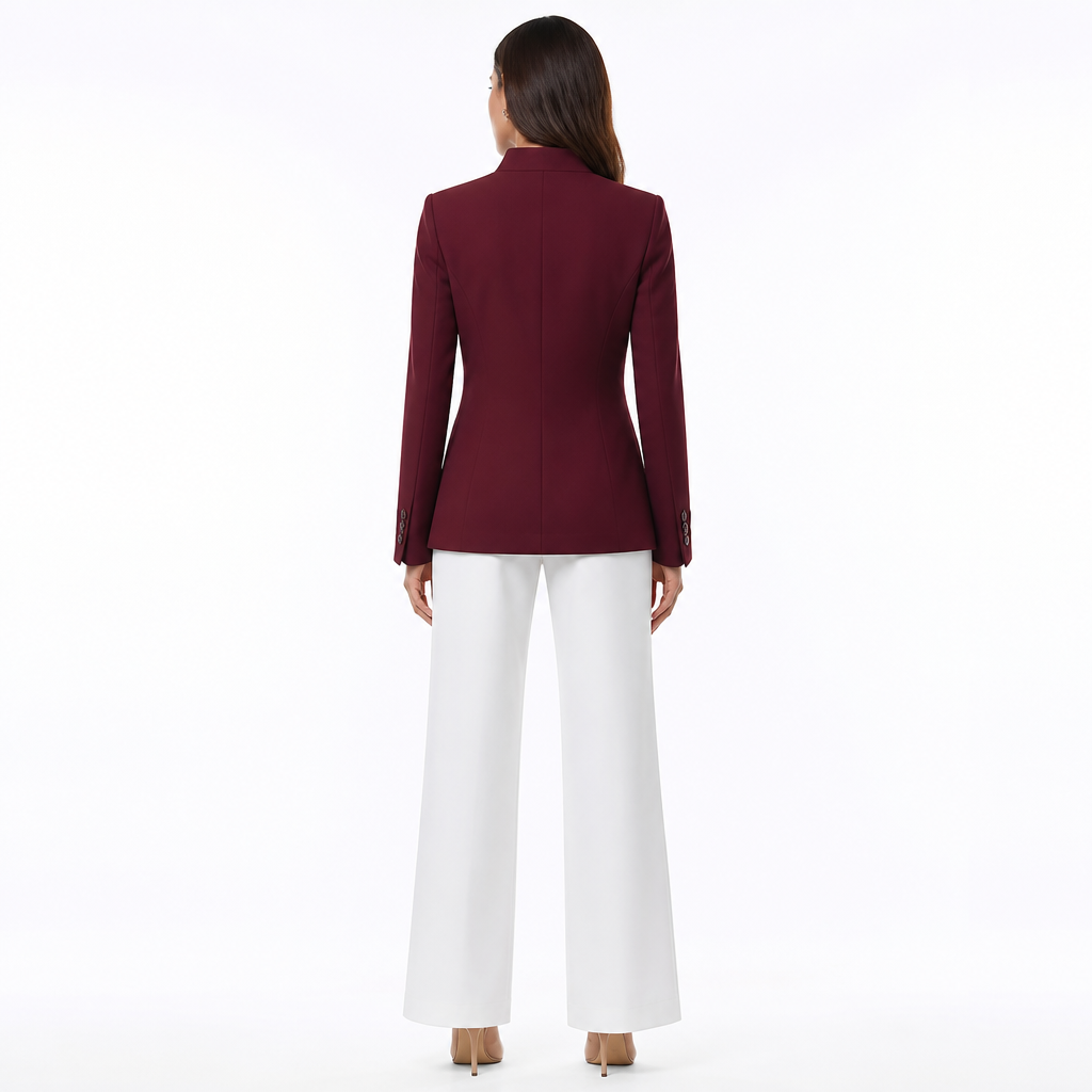 Burgundy stand-collar tailored blazer back view