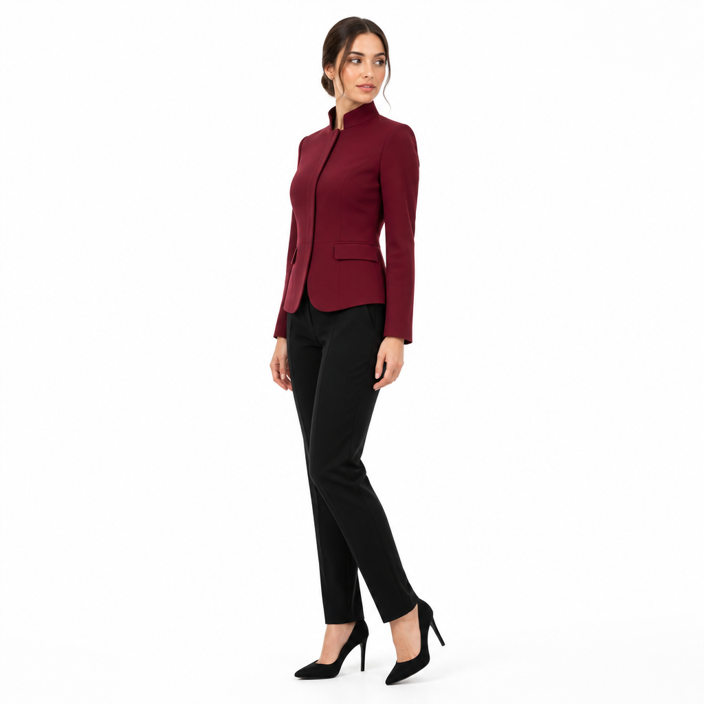Burgundy stand-collar tailored blazer side view