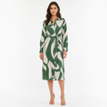 Green abstract-print button-down belted shirt dress front view