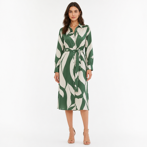 Green abstract-print button-down belted shirt dress front view
