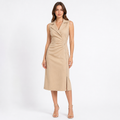 Beige denim lapel side-zip wrinkle-waist midi dress front view