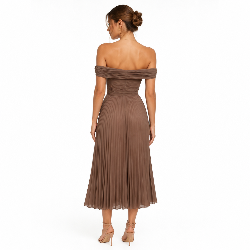 Brown off-shoulder pleated midi back view