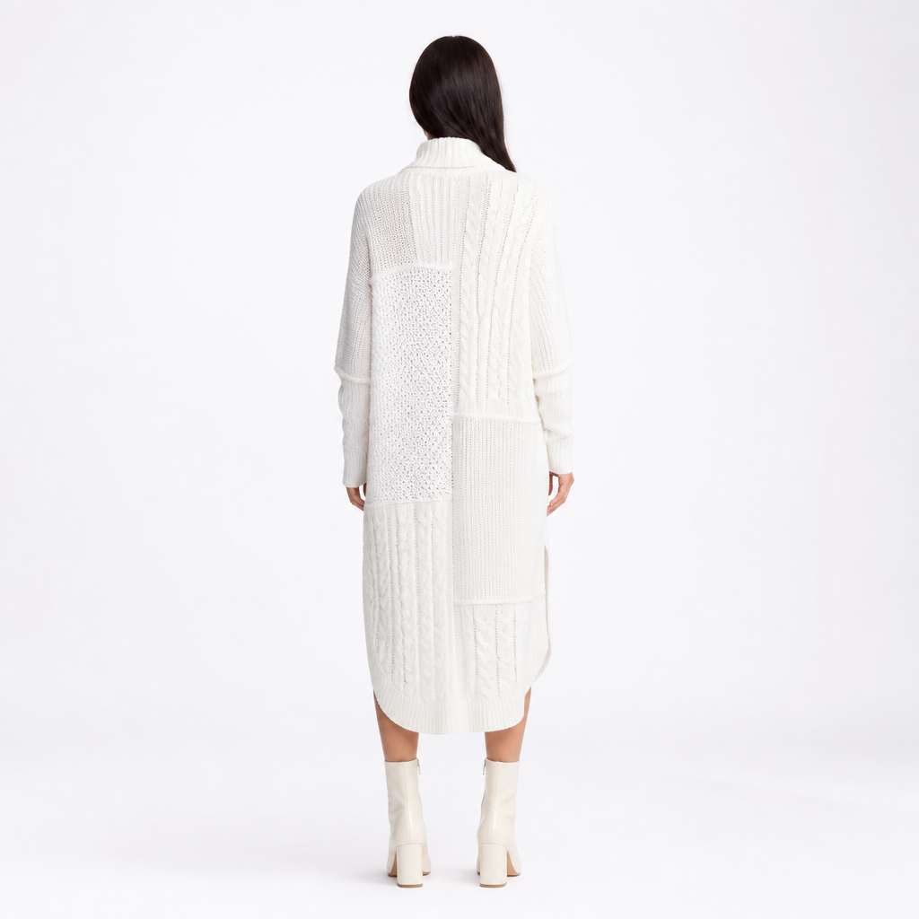 White patchwork shirt-sweater dress back view