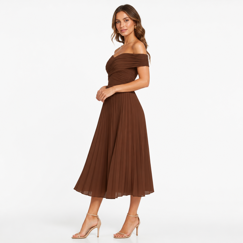 Brown off-shoulder pleated midi side view