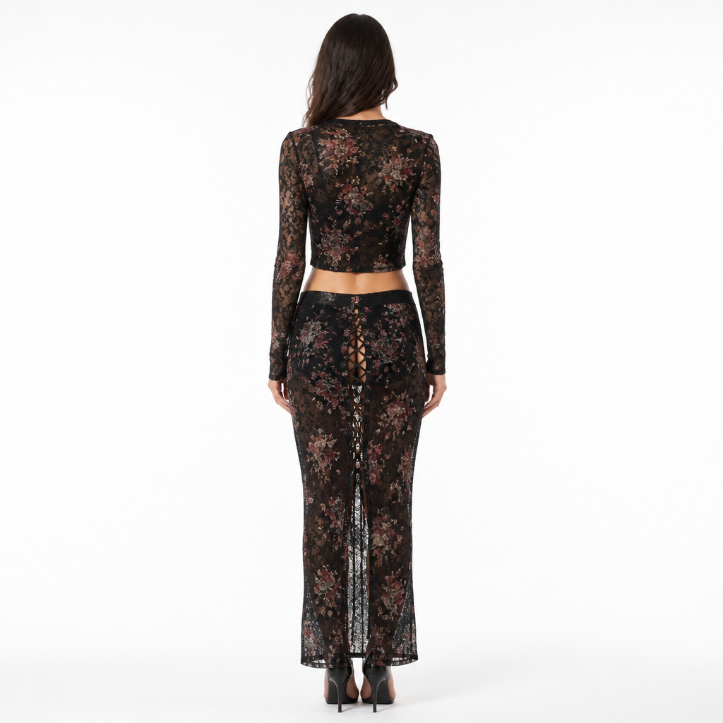 Black lace floral cardigan and skirt set, back view