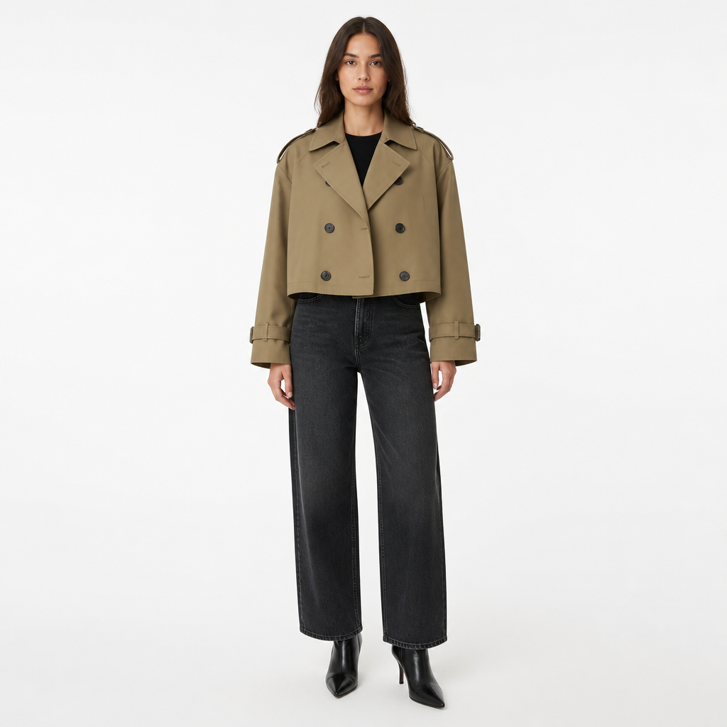 Khaki cropped trench coat, front view