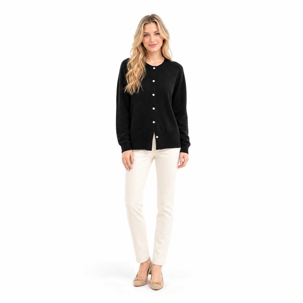 Black Cashmere O-Neck Cardigan front view