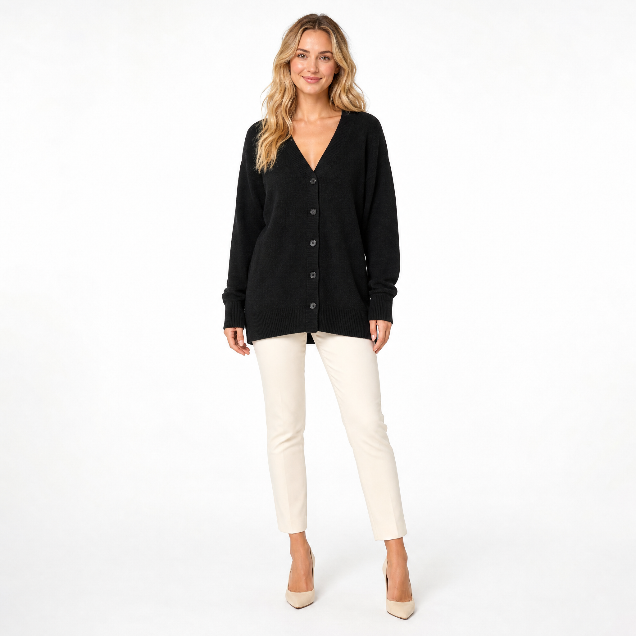 Black Cashmere V-Neck Cardigan front view