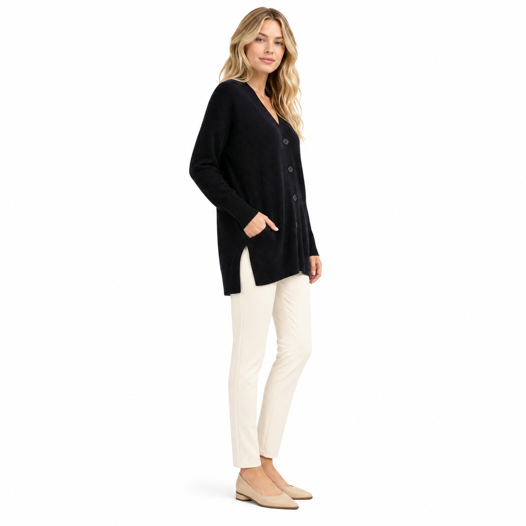 Black Cashmere V-Neck Cardigan side view