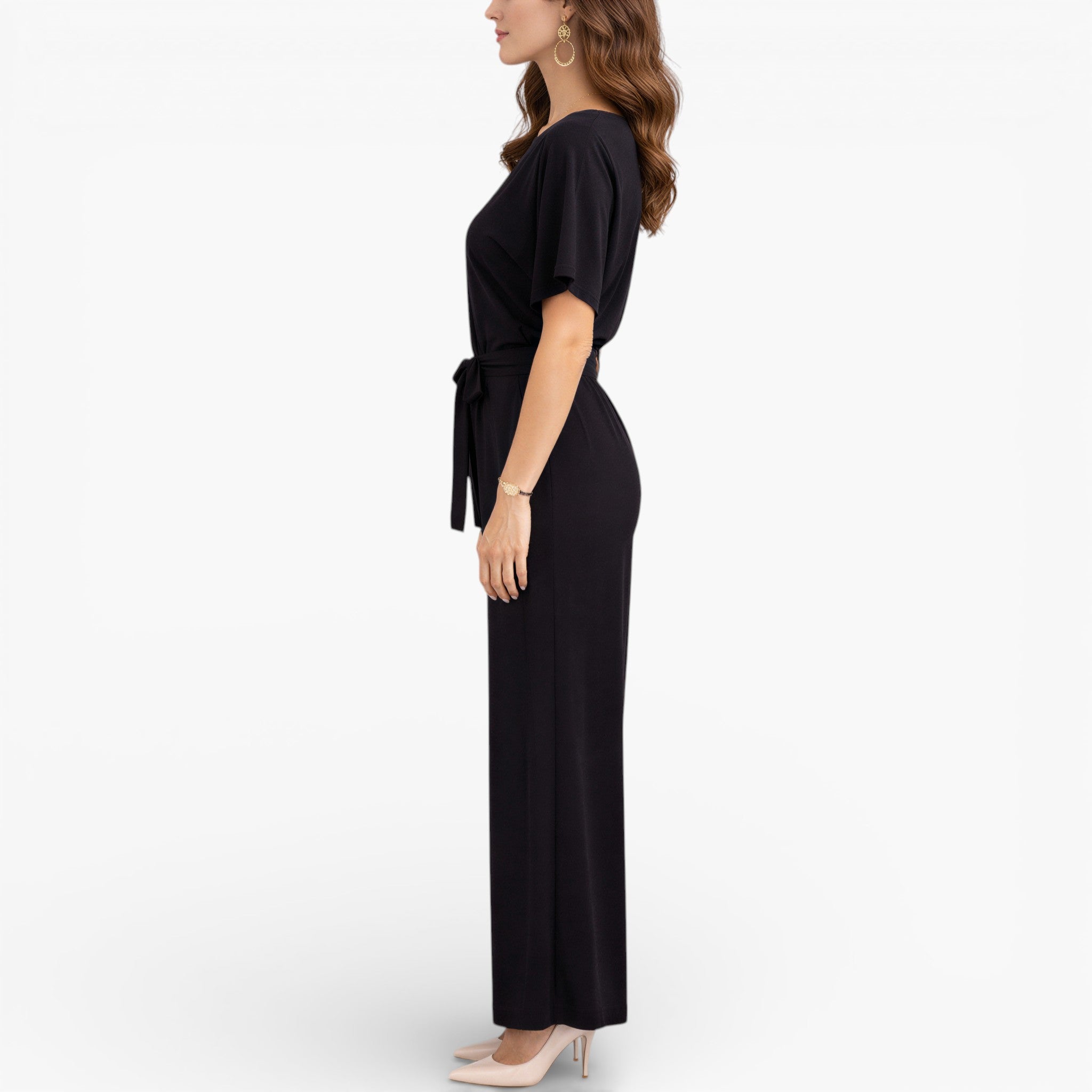 Women’s Wide Leg Belted Jumpsuit Classic Elegant Style