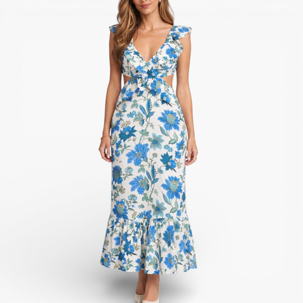 Women’s Ruffle Trim Floral Sleeveless Maxi Dress