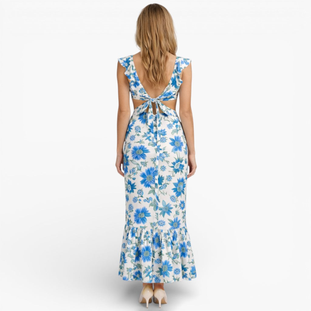 Women’s Ruffle Trim Floral Sleeveless Maxi Dress