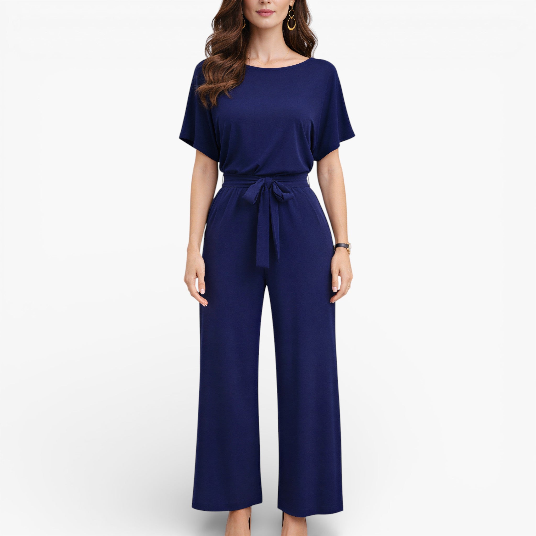Women’s Wide Leg Belted Jumpsuit Classic Elegant Style
